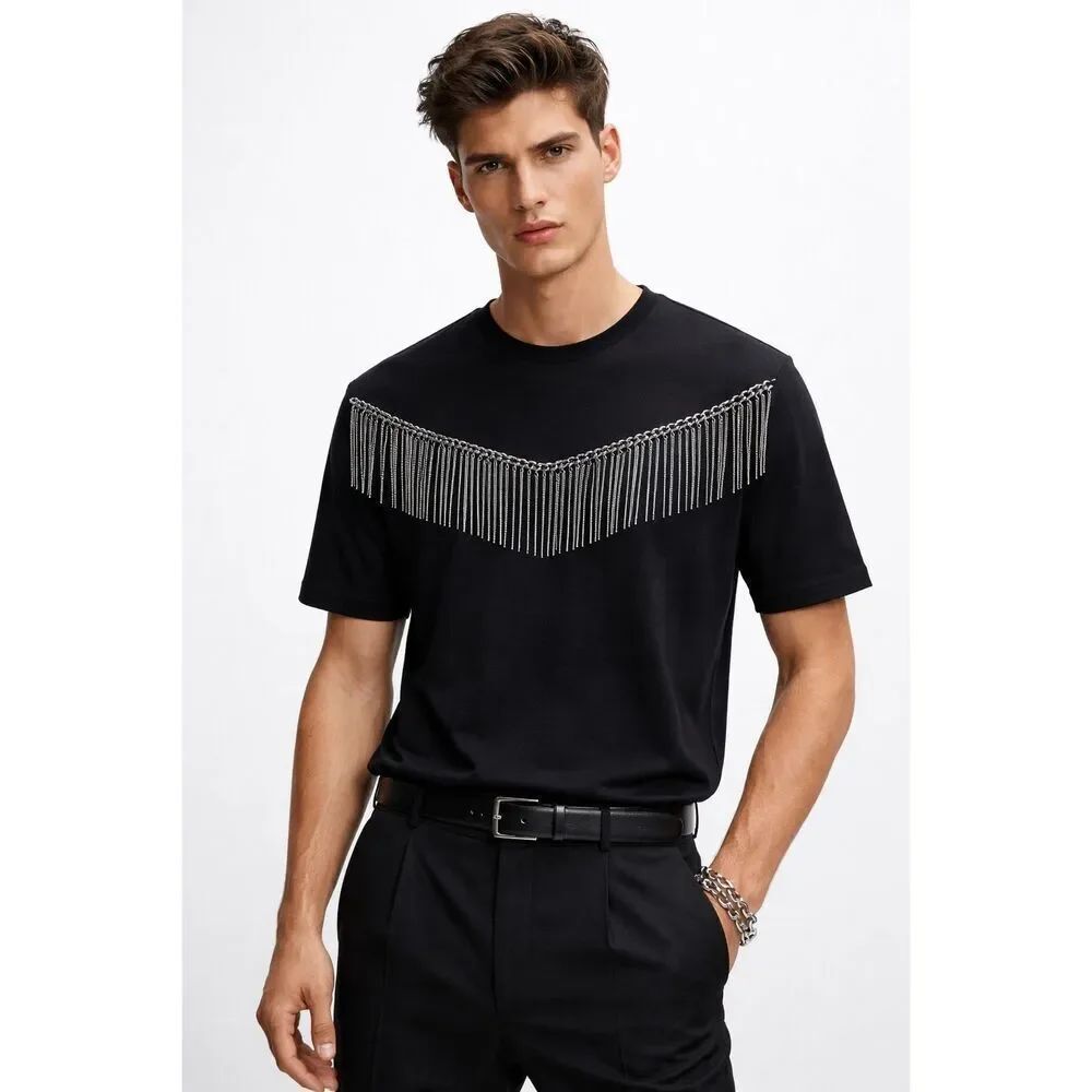 ✨Zara Man Metal Fringe Short Sleeve Black Sz Large Tee✨
